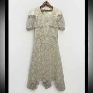 Vintage Gunne Sax White Lace Drop Waist Handkerchief Hem Dress Wedding Size 11